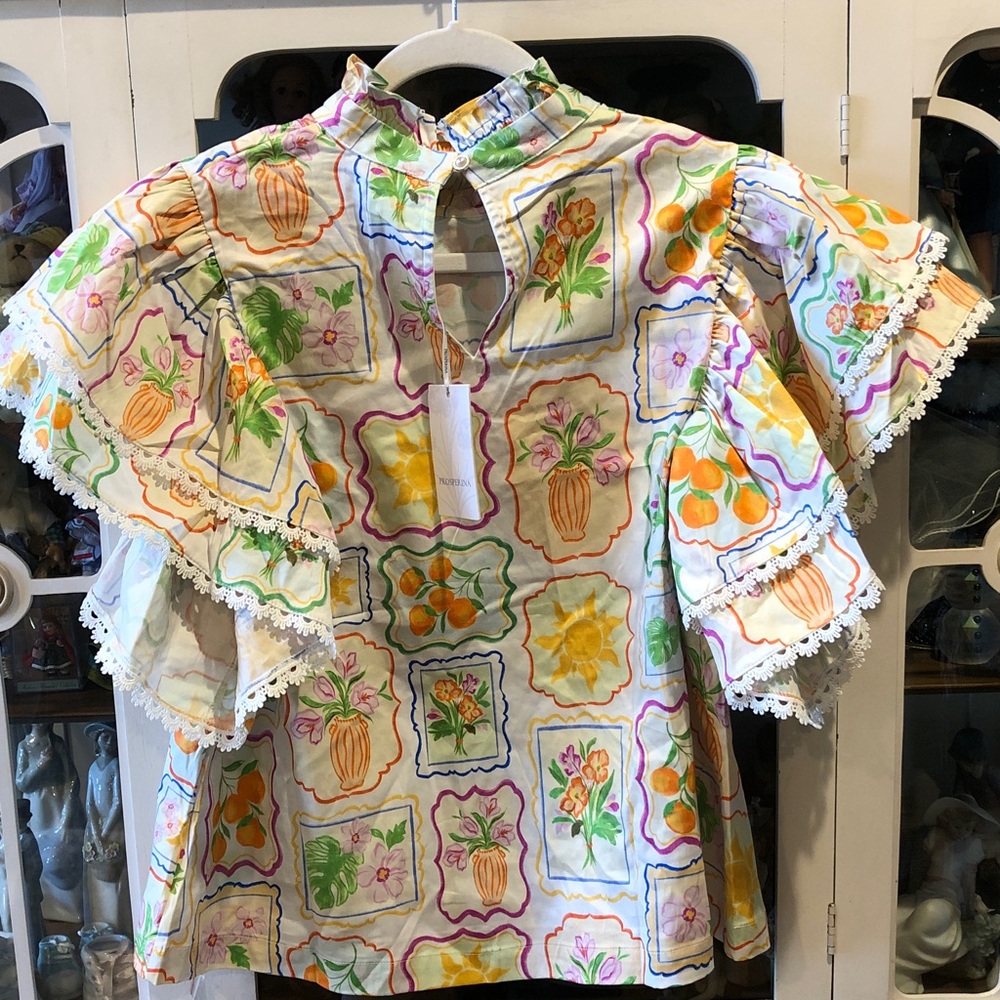 New with tag Prosperina Floral Patchwork Ruffle Sleeve Blouse - Picture 3 of 12